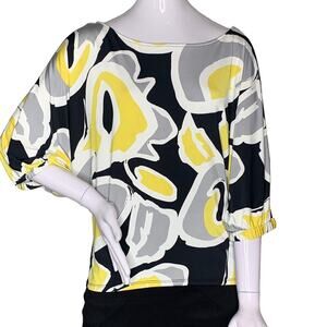 Worthington Stretch Top Size S 3/4 sleeve Black Yellow White Elastic Cuffs